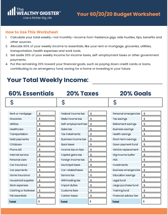 Preview of 60/20/20 Budget Worksheet for Gig Workers